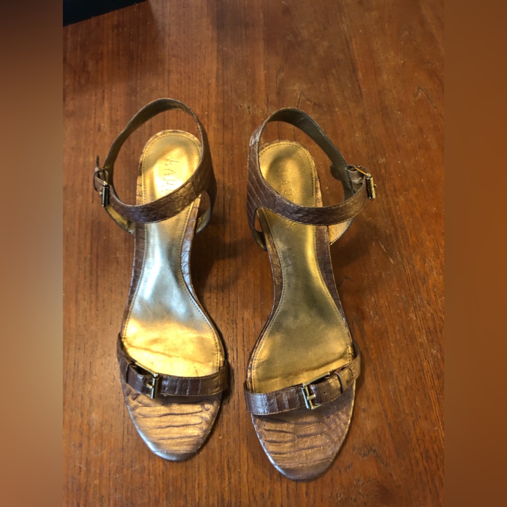 Ralph Lauren Metallic Gold Insole Brown Croc-Texture Slingback Heels